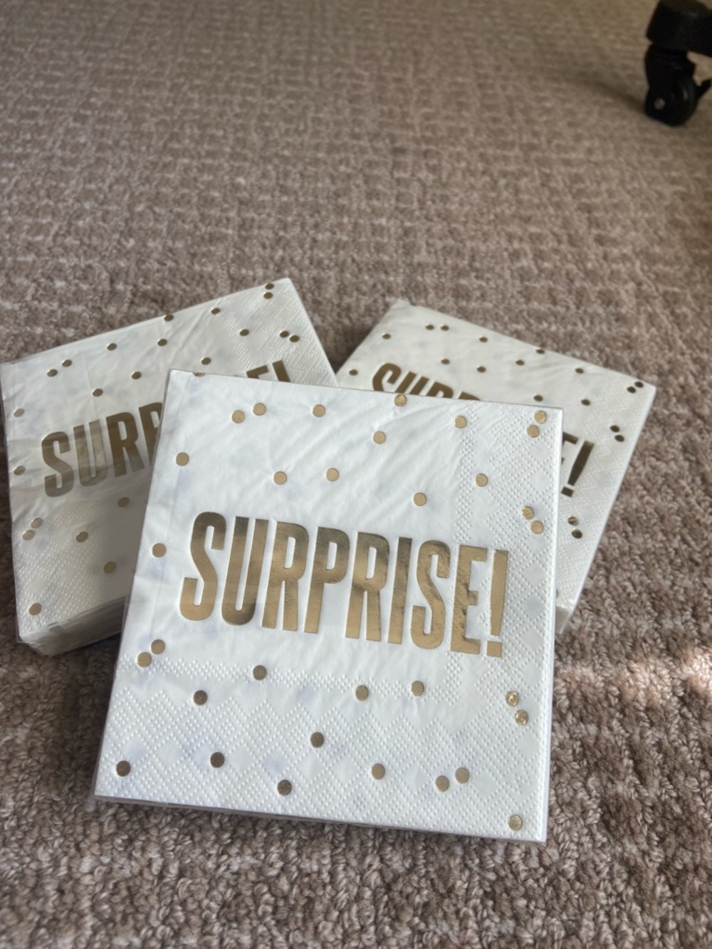 Bundle of 3 Gold 'SURPRISE!' Party Napkins - White & Gold - Party Supplies